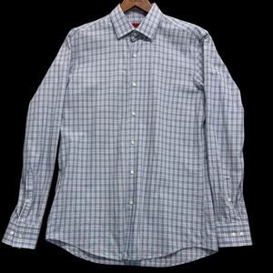 Hugo Boss Mens Slim Fit Button Down Shirt Sz 15.5 39 Blue Gray Plaid Long Sleeve